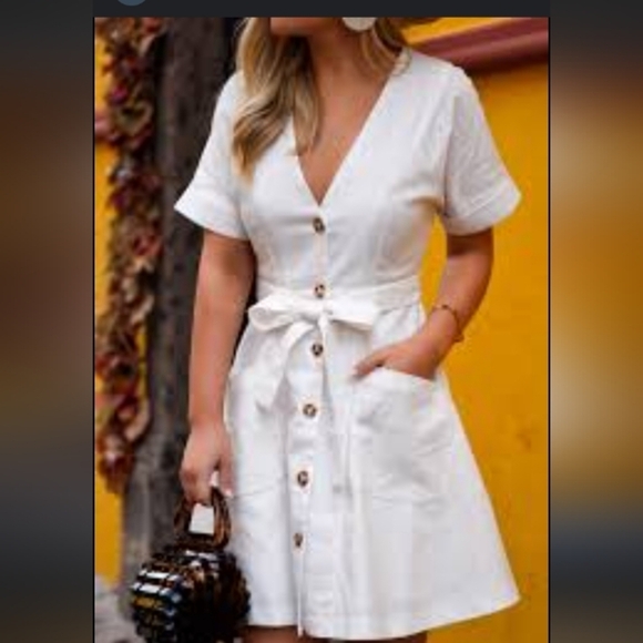 Moon River Classic Preppy Linen Coastal Button Front VNeck A Line Pocketed Dress - Picture 2 of 7